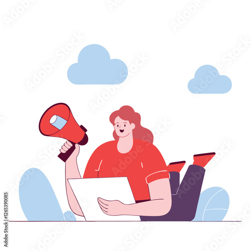 A stylized illustration featuring a person of ambiguous ethnicity holding a megaphone while using a laptop, set against a minimalistic background.