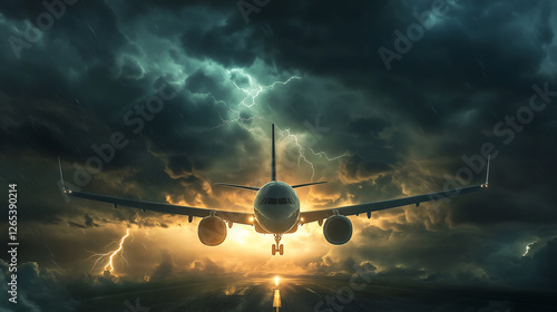 A plane attempting to land during a dangerous storm, lightning striking in the distance