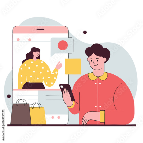 A digital illustration depicting diverse individuals engaged in online shopping on their smartphones, showcasing a modern retail experience.
