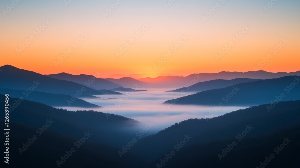 Serene Sunrise Over Fog-Covered Valley in Dreamy Landscape Serene Sunrise Over Fog-Covered Valley in Dreamy Landscape