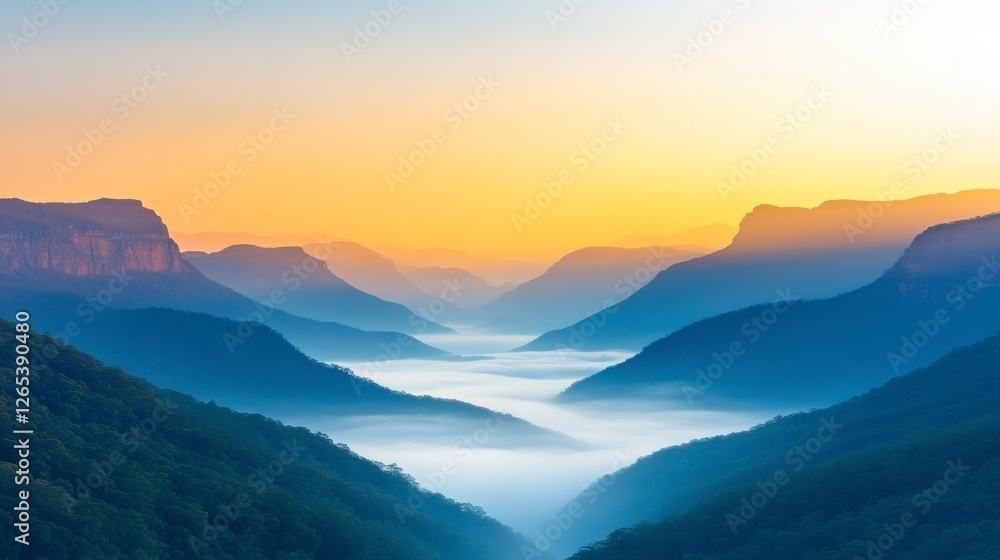 Fog Covered Valley at Sunrise with Soft Light and Layered Hills