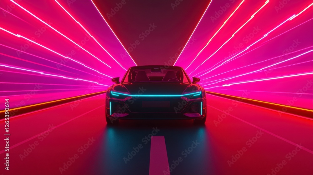 Naklejka premium Futuristic Autonomous Vehicle in Neon Light Tunnel