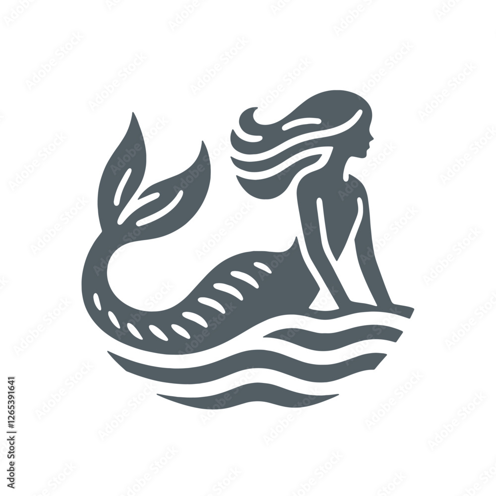 Obraz premium Mermaid Icon. Vintage black and white hand drawn vector illustration_traced