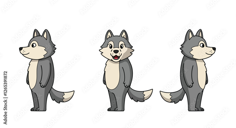 Obraz premium Cute cartoon wolf character in three poses, flat design style, vector illustration