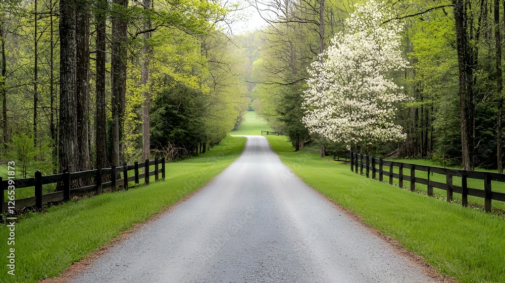 Naklejka premium Gravel Driveway Leading Through Lush Green Spring Landscape