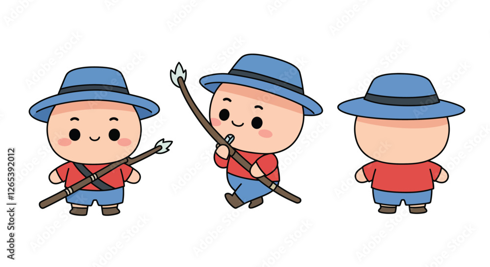 Cute cartoon character with hat and spear in flat vector illustration Cute cartoon character with hat and spear in flat vector illustration