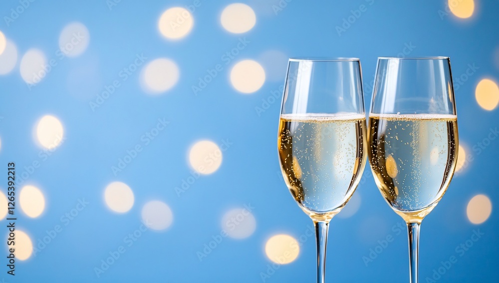 Two champagne glasses clinking against a soft blue background with bokeh Two champagne glasses clinking against a soft blue background with bokeh