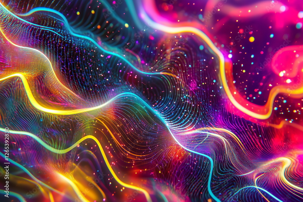 Obraz premium Vibrant abstract waves of glowing neon light flow seamlessly against a dark background, creating a futuristic and dynamic aesthetic. Use for business, banner, advertising.