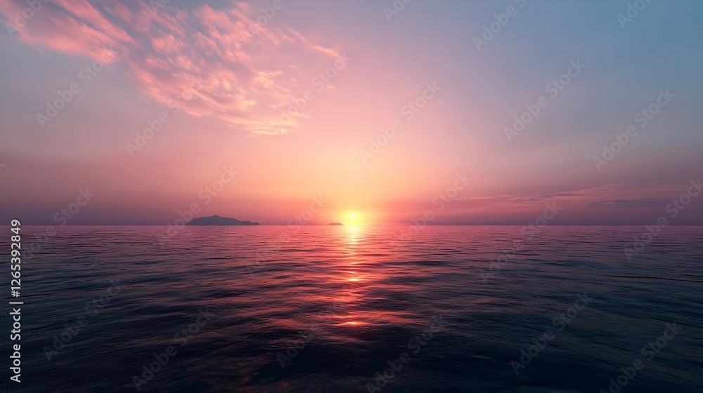 Fototapeta premium Pink and Orange Sunset over Calm Ocean with Distant Cruise Ship