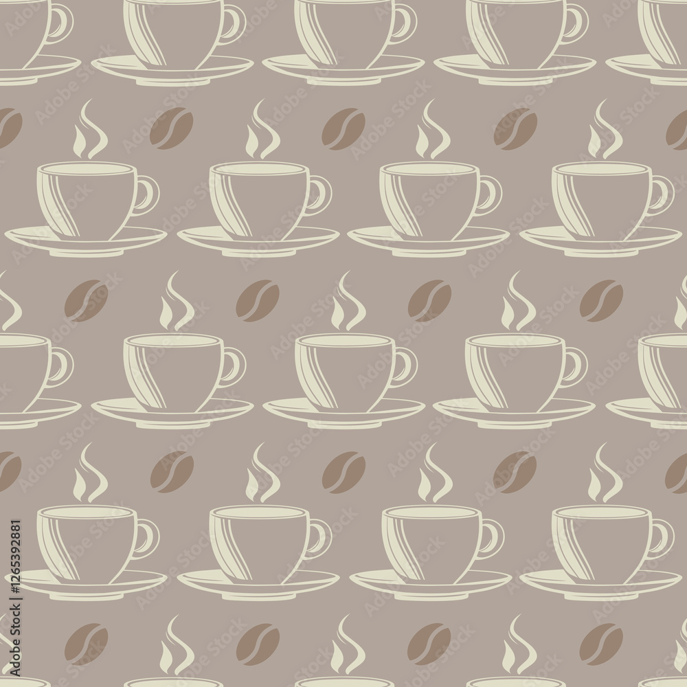 Seamless pattern on the theme of coffee and food with cups and coffee beans in soft pastel beige and cream colors, can be used for packaging, holiday cards, websites, textiles Seamless pattern on the theme of coffee and food with cups and coffee beans in soft pastel beige and cream colors, can be used for packaging, holiday cards, websites, textiles
