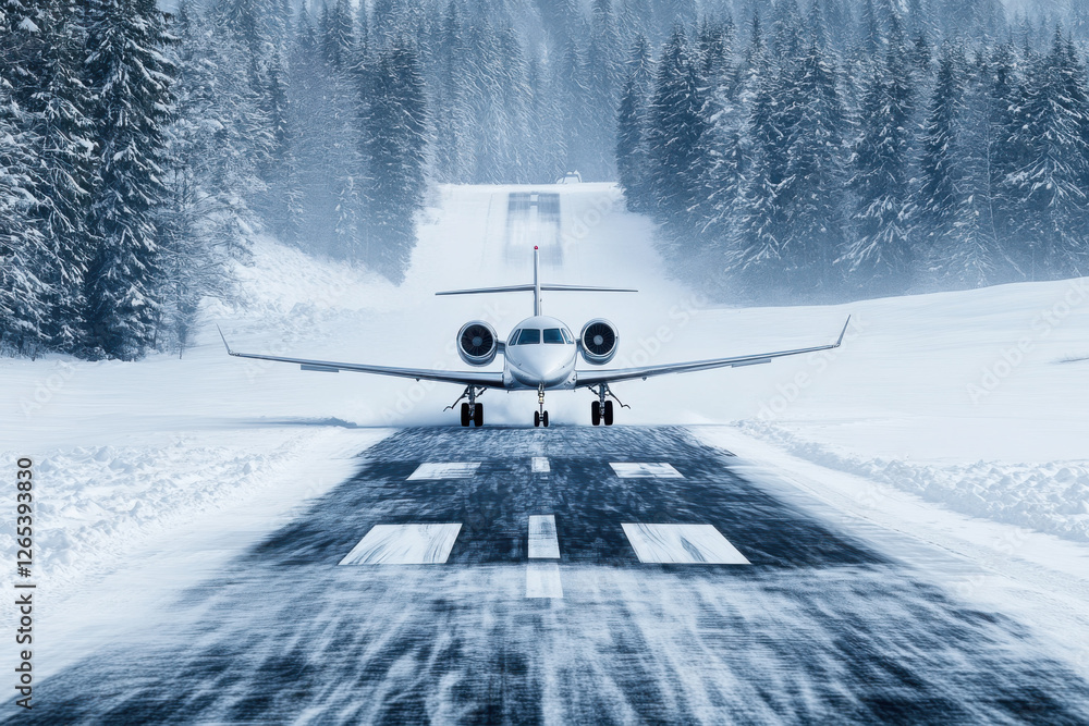 Obraz premium Snowy Runway Landing Jet Plane