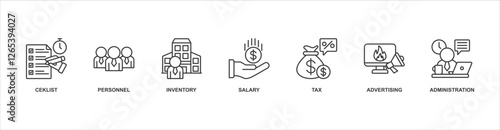 Cost Reduction banner web icon sheet vector illustration concept with icon of ceklist, personnel, inventory, salary, tax, advertising, administration