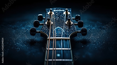 Close-up acoustic guitar headstock with water droplets, dark background