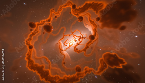 particles of matter and threads of energy floating in a void with a distant source of light energy