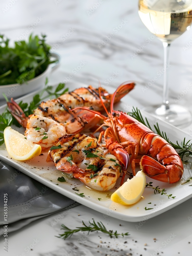 Fresh Gourmet Seafood with oysters and lobsters food and shellfish with lemons Fresh Gourmet Seafood with oysters and lobsters food and shellfish with lemons