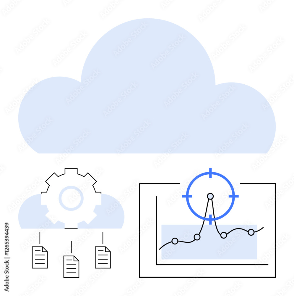 Gear with document flow, blue cloud, and chart with a target on a screen. Ideal for technology, cloud storage, data management, analytics, teamwork, innovation abstract line flat metaphor Gear with document flow, blue cloud, and chart with a target on a screen. Ideal for technology, cloud storage, data management, analytics, teamwork, innovation abstract line flat metaphor