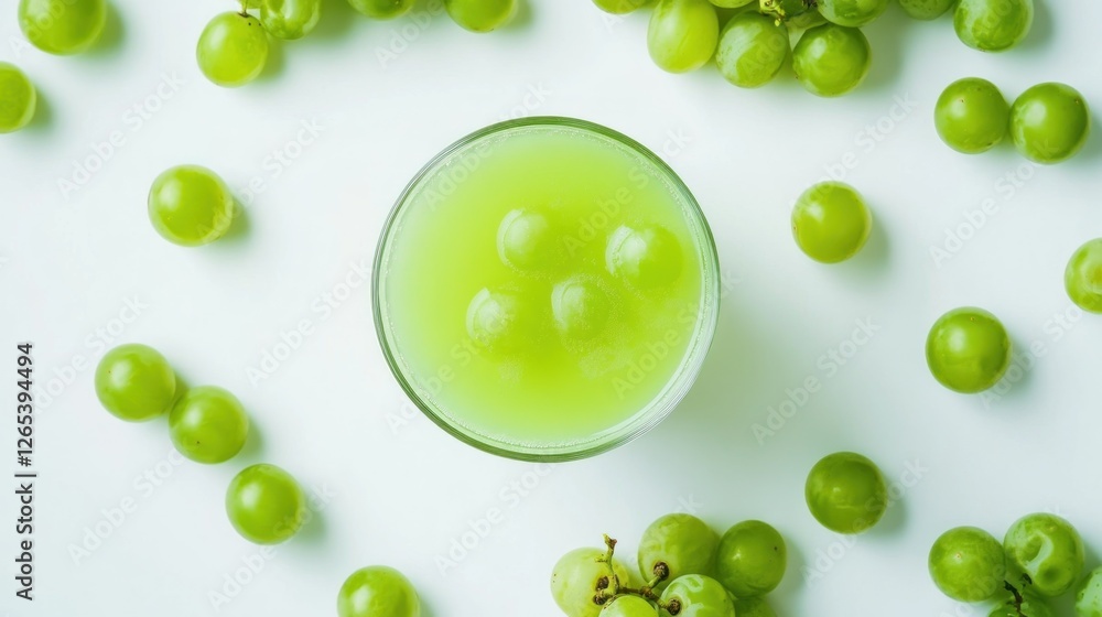 Fresh green grape juice in glass, surrounded by grapes, white background; healthy drink recipe Fresh green grape juice in glass, surrounded by grapes, white background; healthy drink recipe