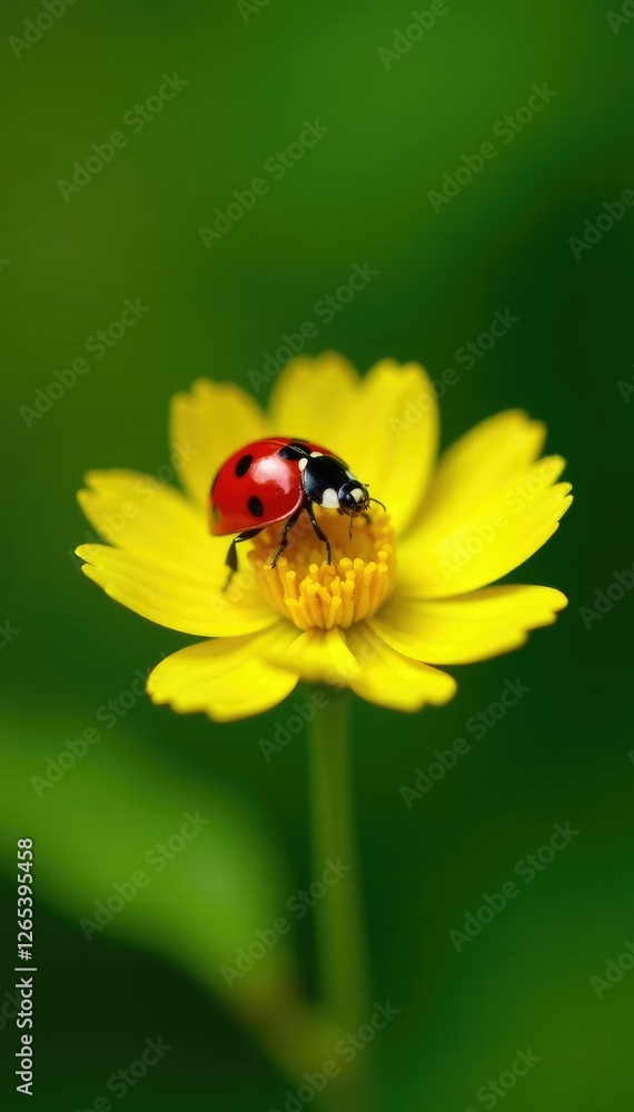 Fototapeta premium Bright red ladybug sits on delicate yellow flower, garden, insect, leaf