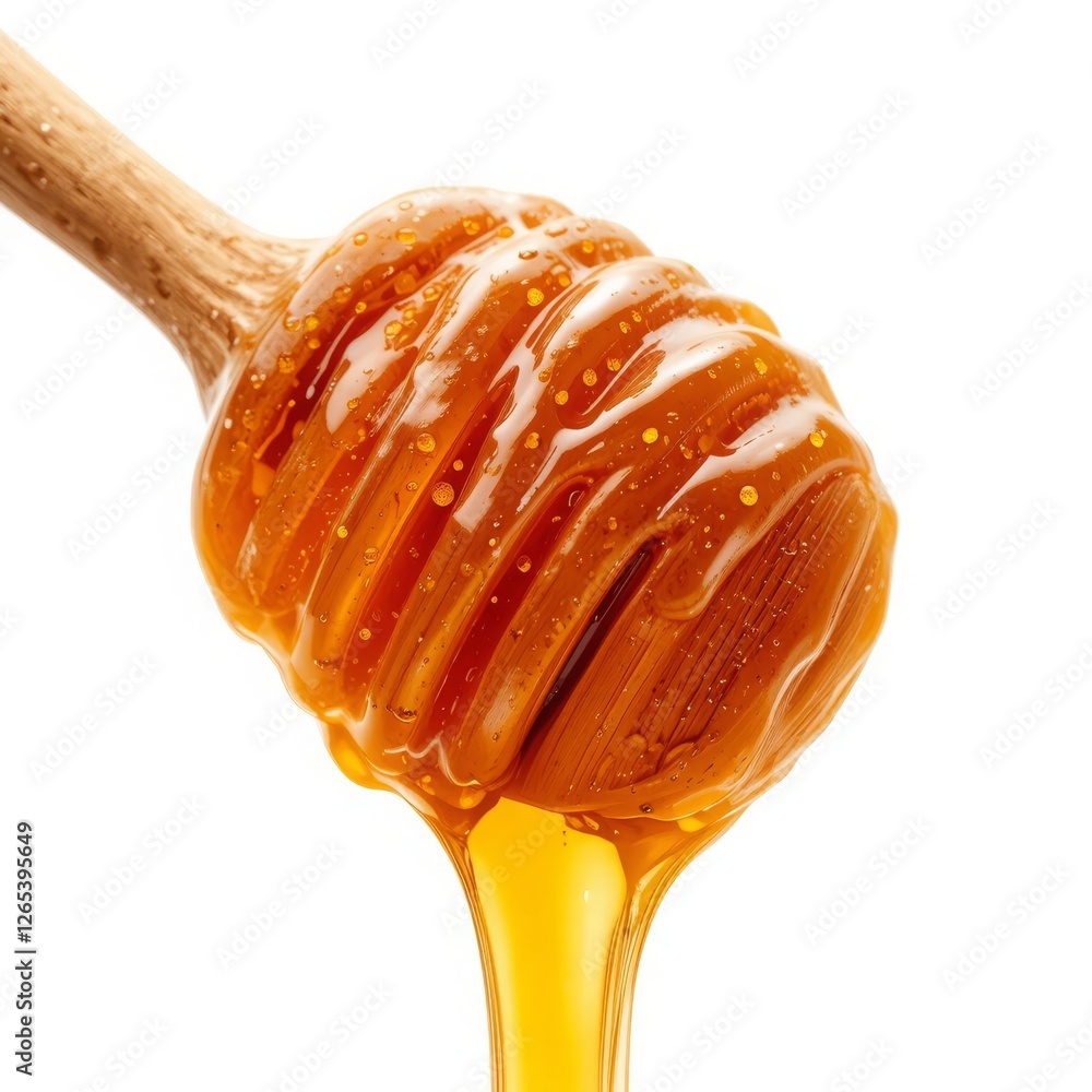 Close-Up of Honey Dripping from Wooden Honey Dipper, Golden Organic Honey in Natural Form, Sweet and Sticky Syrup for Culinary and Medicinal Uses Close-Up of Honey Dripping from Wooden Honey Dipper, Golden Organic Honey in Natural Form, Sweet and Sticky Syrup for Culinary and Medicinal Uses