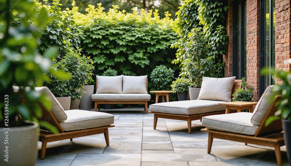 Fototapeta premium Relaxing outdoor scene with comfortable wooden furniture and lush plants