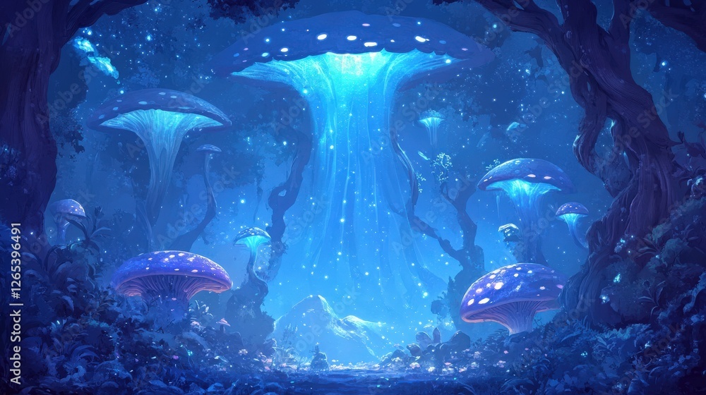 Fototapeta premium Dark enchanted forest with eerie twisted trees, glowing mushrooms, and a mysterious mist