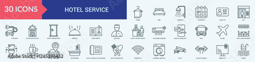Hotel service icon collection set with towel, bed, shower, schedule, card vip