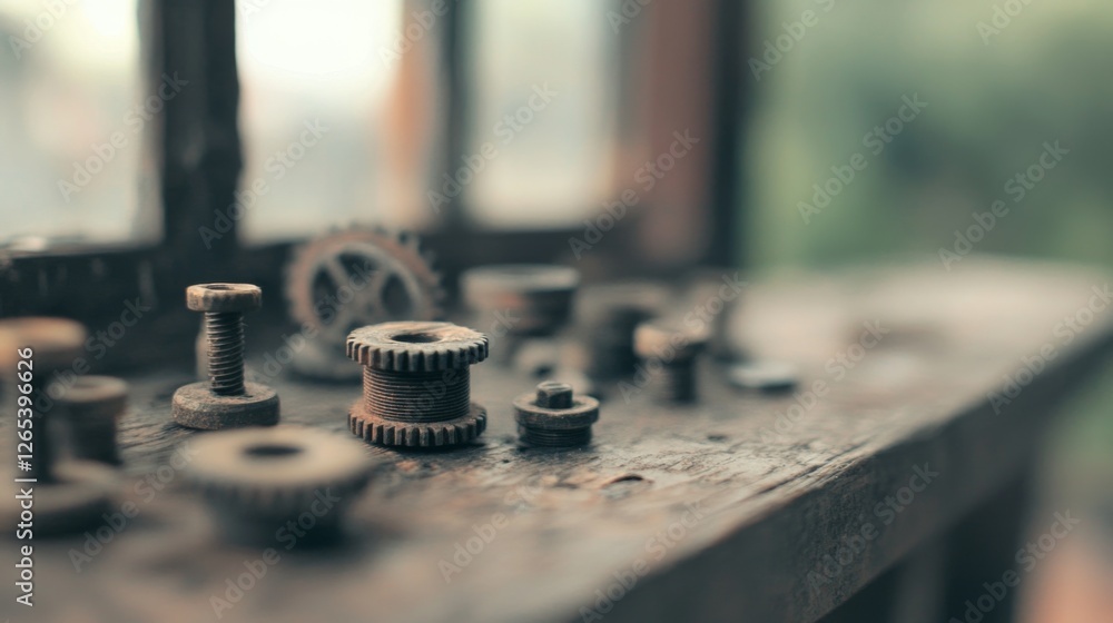 Rusty gears and bolts on weathered wood, workshop background Rusty gears and bolts on weathered wood, workshop background