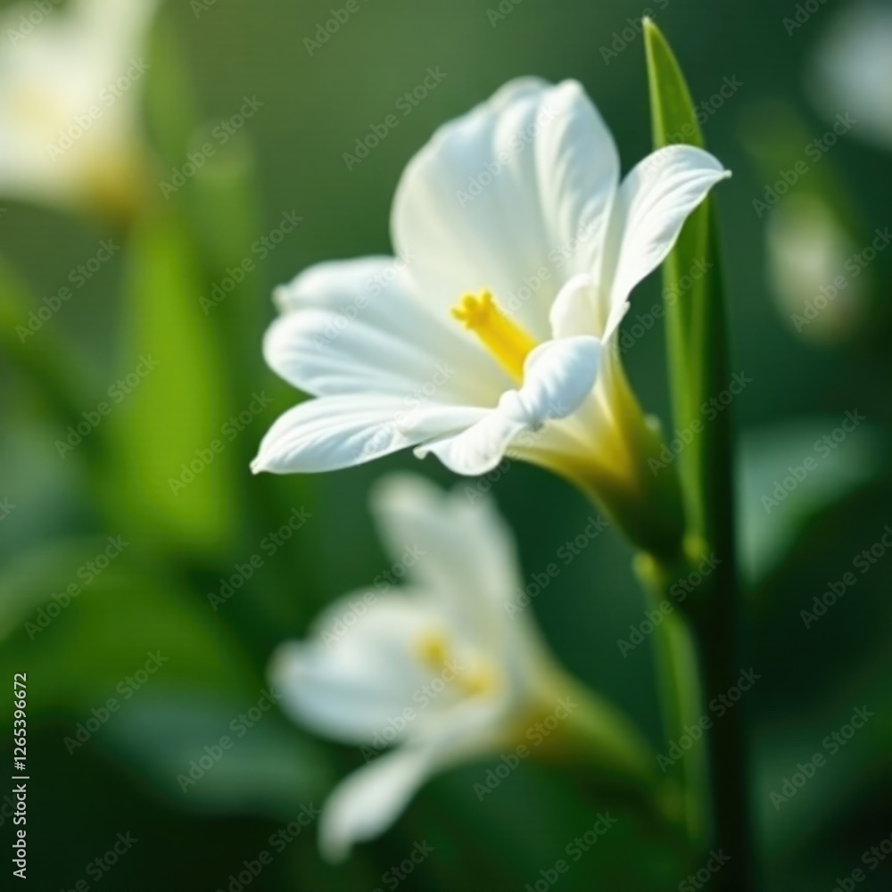 delicate white petals unfolding on dark green stem, greenery, foliage delicate white petals unfolding on dark green stem, greenery, foliage