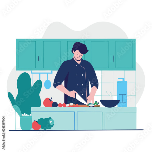 A stylized image of a chef preparing food in a kitchen setting, showcasing diverse ethnic background and a colorful design.