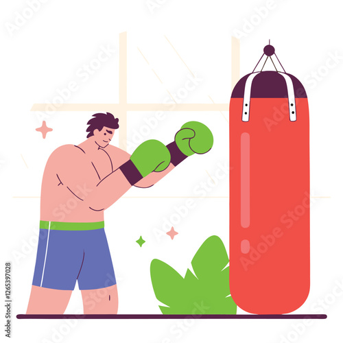 Two male boxers, one with light skin and one with dark skin, practice their skills on a punching bag. Bright colors and engaging design highlight the energy and focus.
