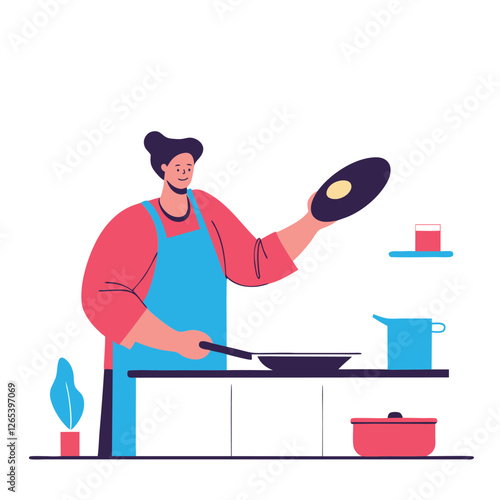 An illustration of a woman of Asian descent cooking in a kitchen. She is wearing an apron and holding a dish, surrounded by kitchen utensils and plants.