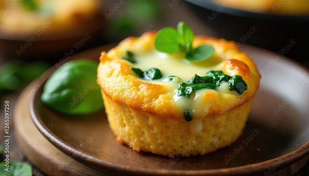 Fluffy muffin top with melted cheese and fresh spinach, savory, cheesy Fluffy muffin top with melted cheese and fresh spinach, savory, cheesy