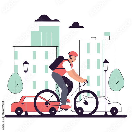 A digital illustration featuring an african cyclist riding through a stylized urban landscape with buildings and vehicles.