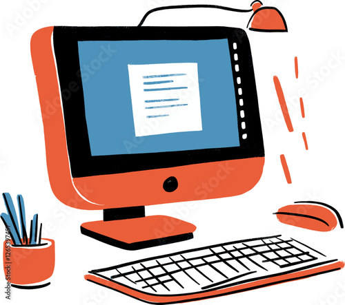 Modern desktop computer with keyboard and lamp cartoon isolated on transparent background. Vector illustration.