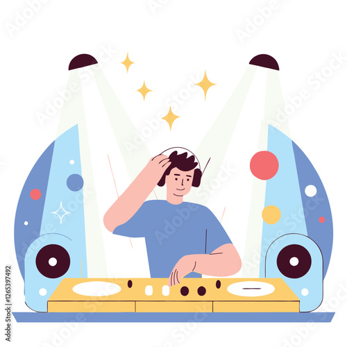 A cartoon-style illustration of a DJ from an unspecified ethnicity playing music at a vibrant party setup with colorful elements.