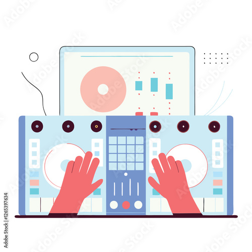 A colorful flat illustration of a DJ at a mixing console, showcasing vibrant controls and hands actively engaged in music creation.