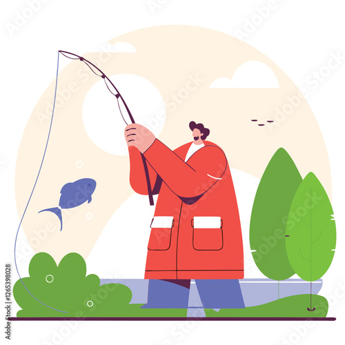 An illustration of a man fishing in a serene natural setting, with colorful plants and clouds surrounding him, showcasing a calm ambiance.