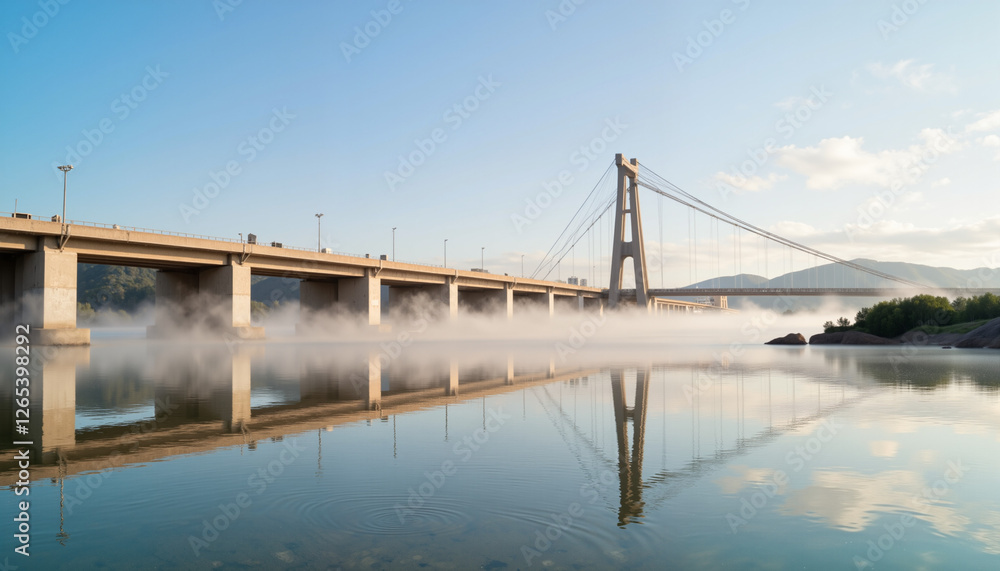 Modern bridge over serene river with mist, symbolizing peace Modern bridge over serene river with mist, symbolizing peace