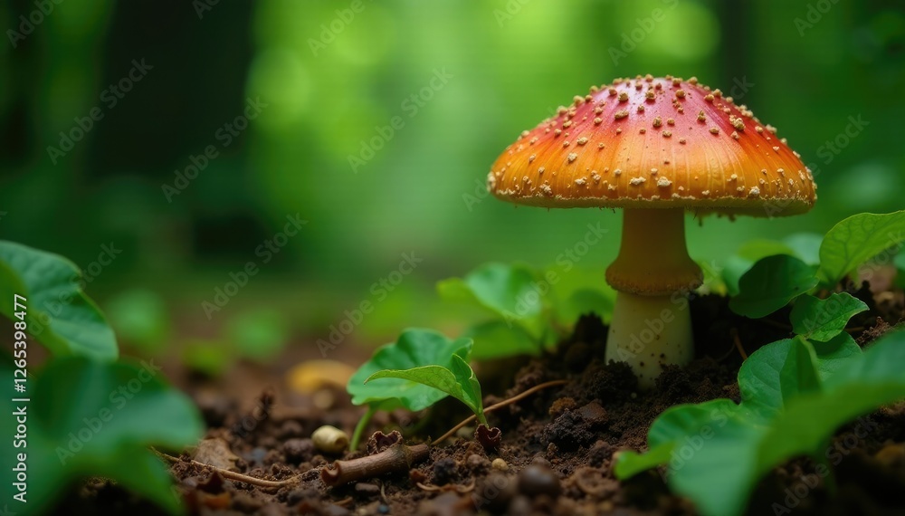 Lush green forest floor with a large mushroom growing from decaying leaves, leaf litter, tropical decay, mushroom life cycle Lush green forest floor with a large mushroom growing from decaying leaves, leaf litter, tropical decay, mushroom life cycle
