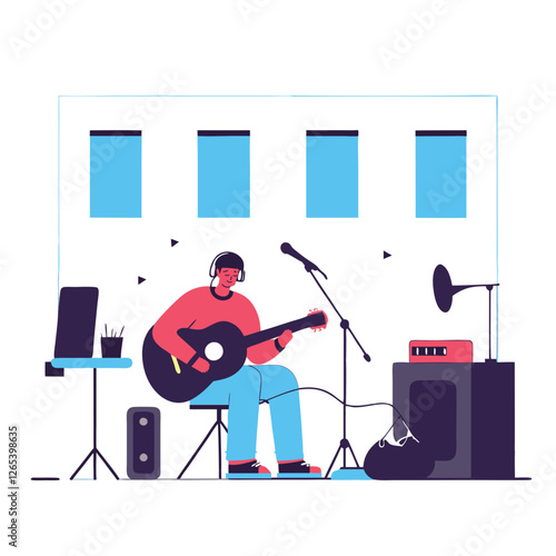 A musical performance illustration featuring a musician of African descent playing guitar on stage, surrounded by instruments and lights.