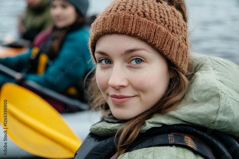 Smiling woman kayaking on a river in spring, enjoying an active outdoor water sport adventure, Generative AI Smiling woman kayaking on a river in spring, enjoying an active outdoor water sport adventure, Generative AI