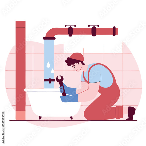 The image depicts a black male plumber in overalls working on a sink with plumbing pipes in a cartoon style. He uses a wrench to fix a leak.