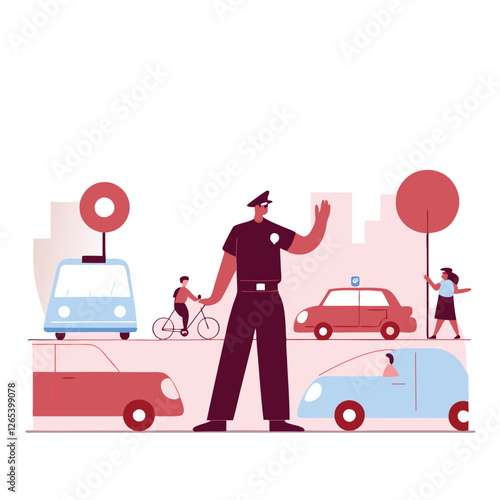 A stylized cartoon showing a diverse traffic police officer assisting pedestrians in a vibrant urban scene filled with vehicles, cyclists, and balloons.