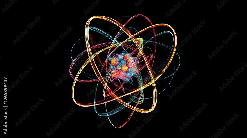 Abstract representation of an atom with orbiting electrons on black background Abstract representation of an atom with orbiting electrons on black background