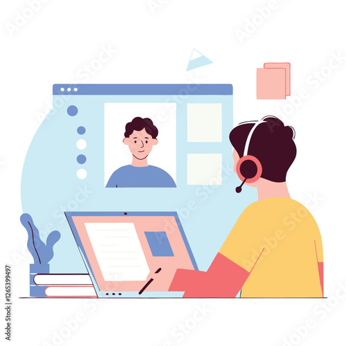 A digital illustration showing individuals in an online learning environment, featuring diverse characters engaged with technology, promoting a collaborative atmosphere.