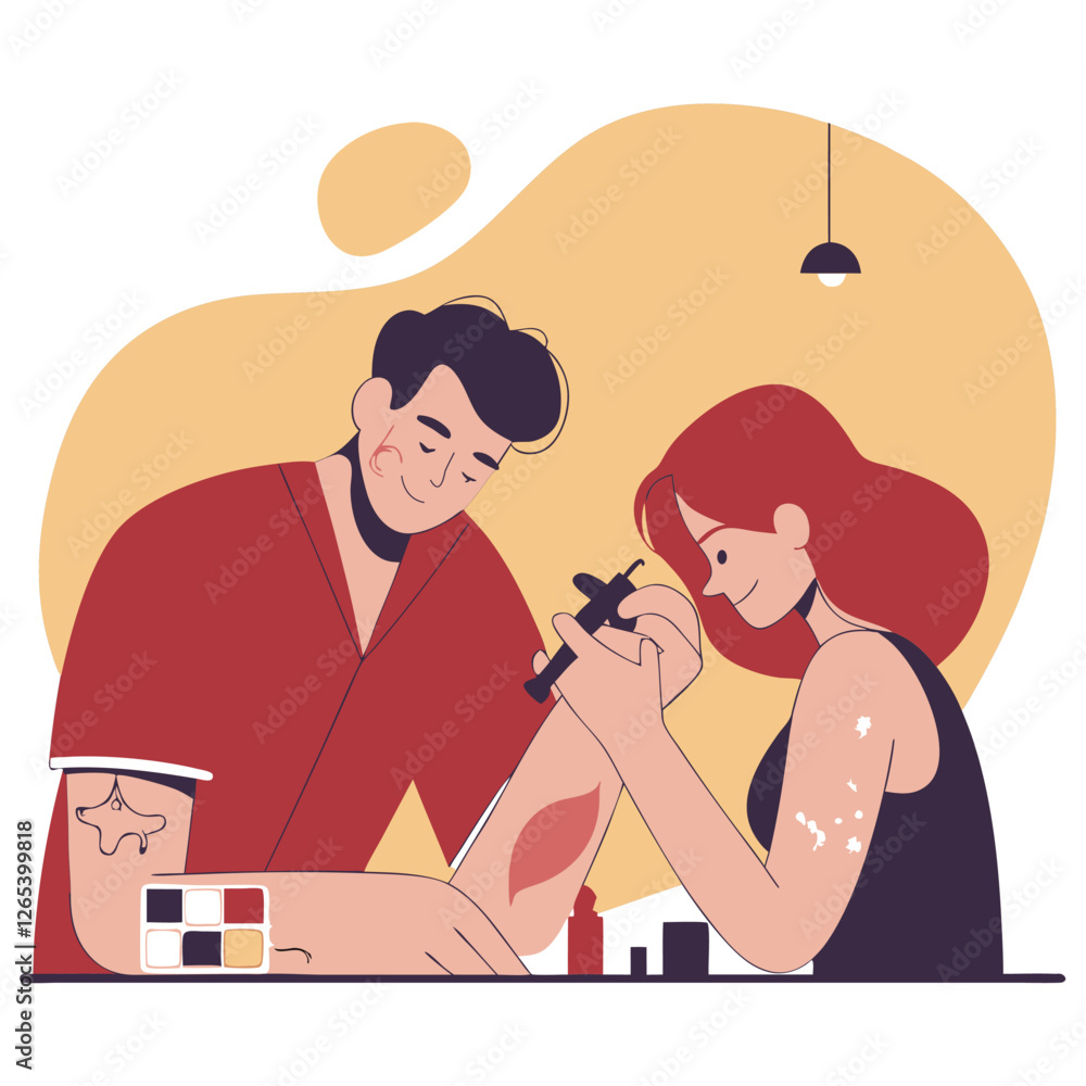 An illustration of a tattoo artistry session featuring two individuals, one with a stylish tattoo design, highlighting their ethnic backgrounds with a creative touch. An illustration of a tattoo artistry session featuring two individuals, one with a stylish tattoo design, highlighting their ethnic backgrounds with a creative touch.