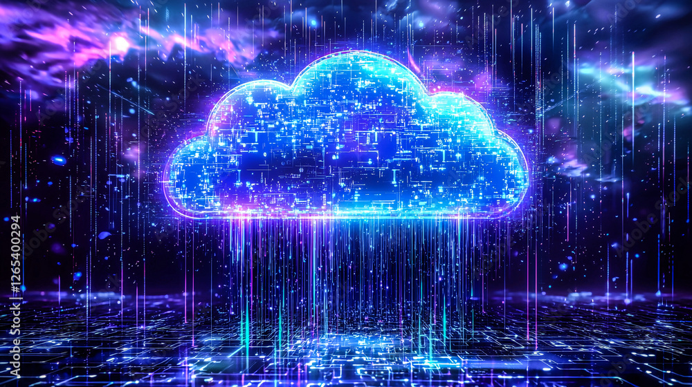 Futuristic electronic cloud for data storage and exchange. Holographic information transfer streams, tech design, vibrant neon blue and purple tones, metallic textures, abstract technological patterns Futuristic electronic cloud for data storage and exchange. Holographic information transfer streams, tech design, vibrant neon blue and purple tones, metallic textures, abstract technological patterns