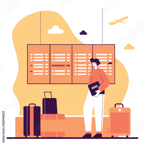 A traveler of Middle Eastern descent waits at an airport with two bags. The scene features a flight information board and abstract background elements.