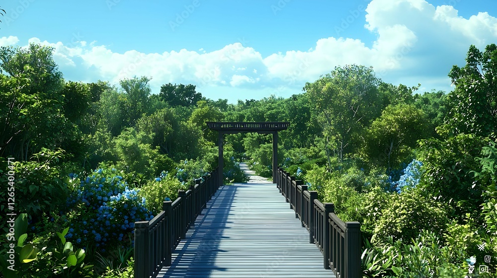 Wooden Bridge Pathway Through Lush Green Garden Wooden Bridge Pathway Through Lush Green Garden