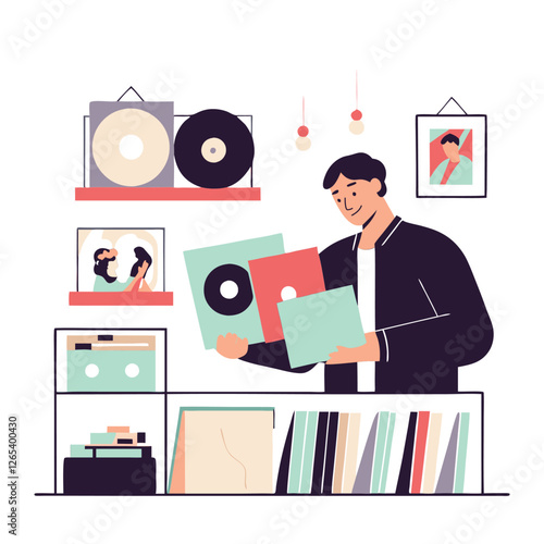 A stylized image of a store with a diverse person arranging vinyl records. The atmosphere is lively, highlighting music culture.